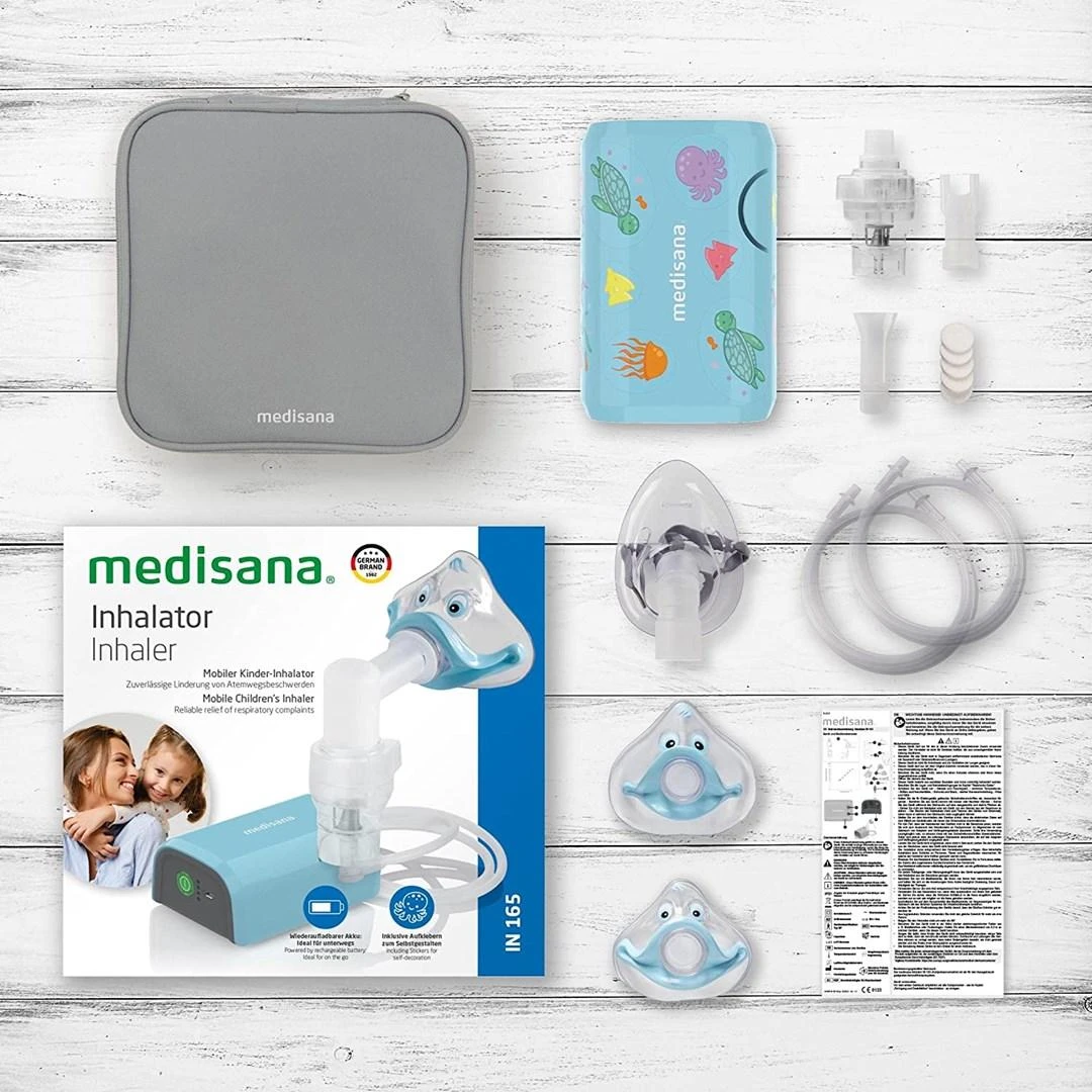 Medisana | Inhaliatorius | IN 165 | Didelis efektyvumas dėl naujoviškos mikrokompresoriaus technologijos. Maitinamas iš įkraunamos baterijos: idealiai tinka keliaujant. Motyvinė kaukė vaikams leidžia lengvai įkvėpti. Tiksliniam vaikų ir suaugusiųjų viršutinių ir apatinių kvėpavimo takų ligų (pvz., astma ir peršalimo) gydymui. Mažo triukšmo purškimas. Automatinis išsijungimas, kai bakas tuščias