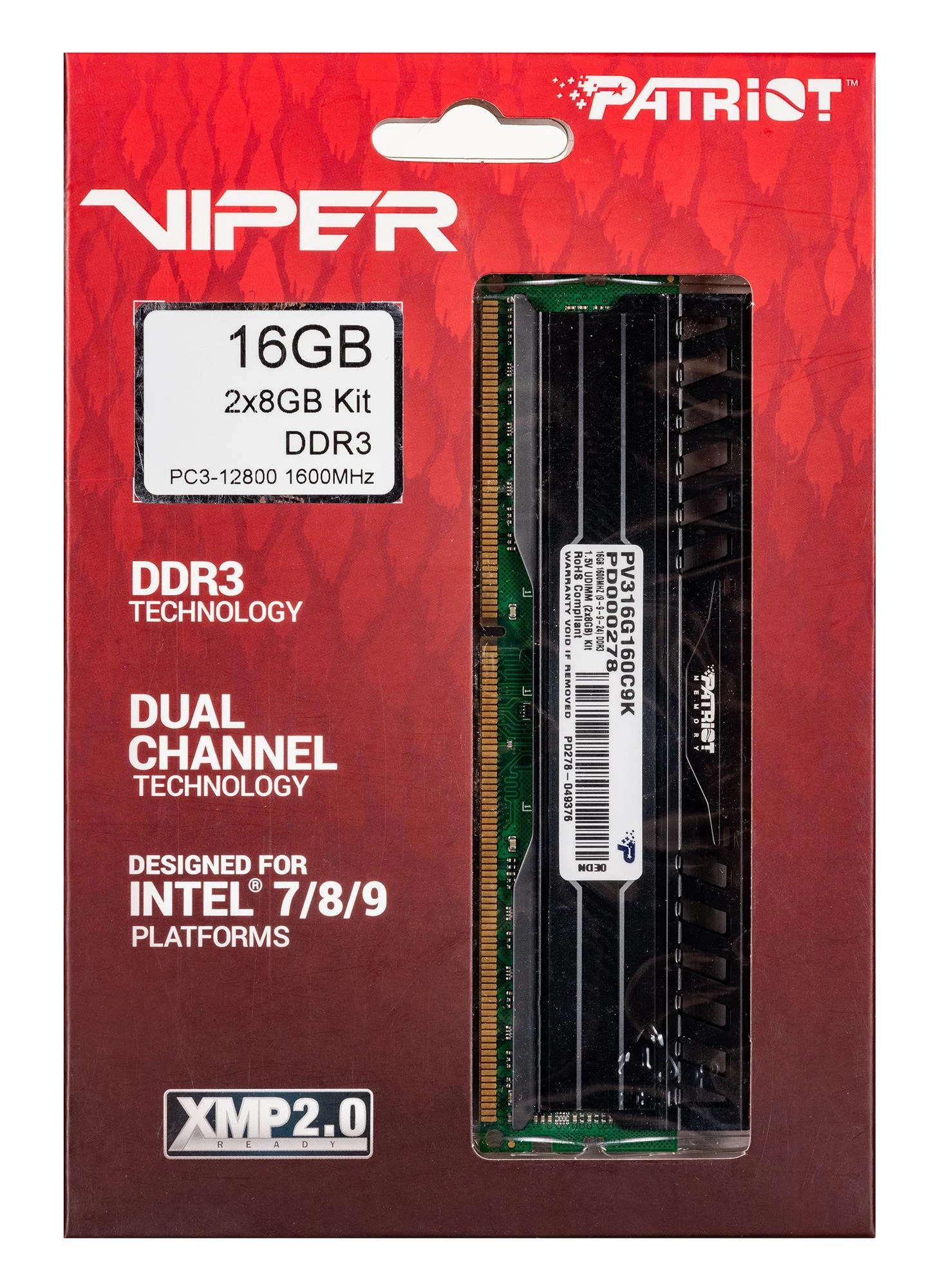 PATRIOT atmintis 16 GB (2 x 8 GB) PC3-12800 (1600 MHz) rinkinys - 16 GB - 2 x 8 GB - DDR3 - 1600 MHz - 240 kontaktų DIMM