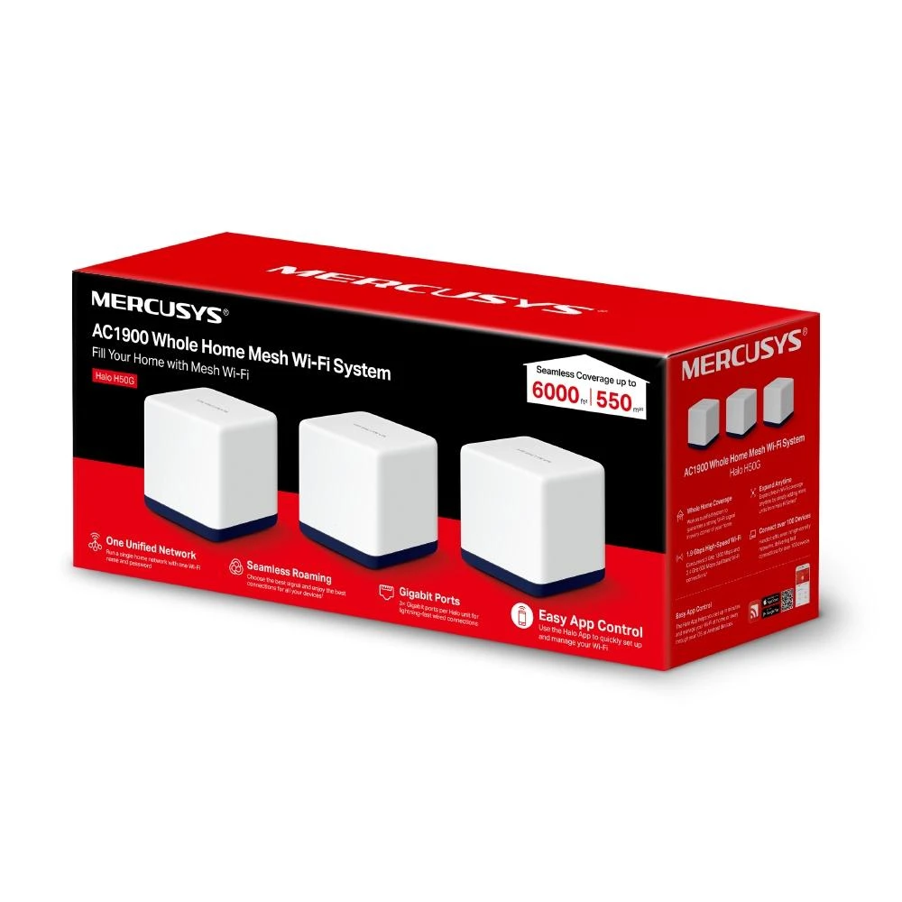 Maršrutizatorius TP-Link „Mercusys“ | AC1900 viso namo tinklinio „Wi-Fi“ sistema | „Halo H50G“ (3 vnt. pakuotė) | 802.11ac | 1300+600 Mbps | Ethernet LAN (RJ-45) jungtys 3 | Tinklo palaikymas: Taip | MU-MiMO: Taip | Mobilusis plačiajuostis ryšys: Be