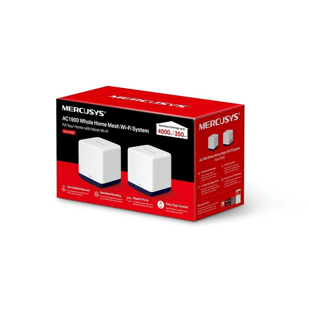 Maršrutizatorius TP-Link „Mercusys“ | AC1900 viso namo tinklinio „Wi-Fi“ sistema | „Halo H50G“ (2 vnt.) | 802.11ac | 600+1300 Mbps | Ethernet LAN (RJ-45) jungtys 3 | Tinklo palaikymas: Taip | MU-MiMO: Taip | Mobilusis plačiajuostis ryšys: Be