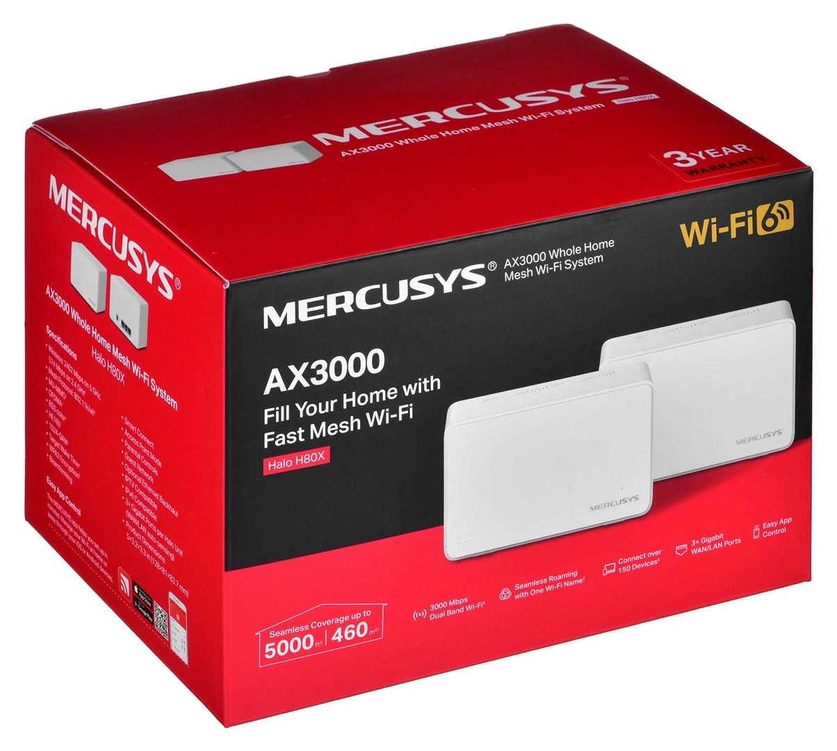 Mercusys | AX3000 viso namo tinklelio „Baltas WiFi 6“ sistema su PoE | „Halo H80X“ (2 vnt.) | 802.11ax | 574+2402 Mbit/s | 10/100/1000 Mbit/s | Ethernet LAN (RJ-45) jungtys 3 | Tinklo palaikymas: Taip | MU-MiMO: Taip | Ne, mobilusis plačiajuostis ryšys | Antenos tipas: Vidinė