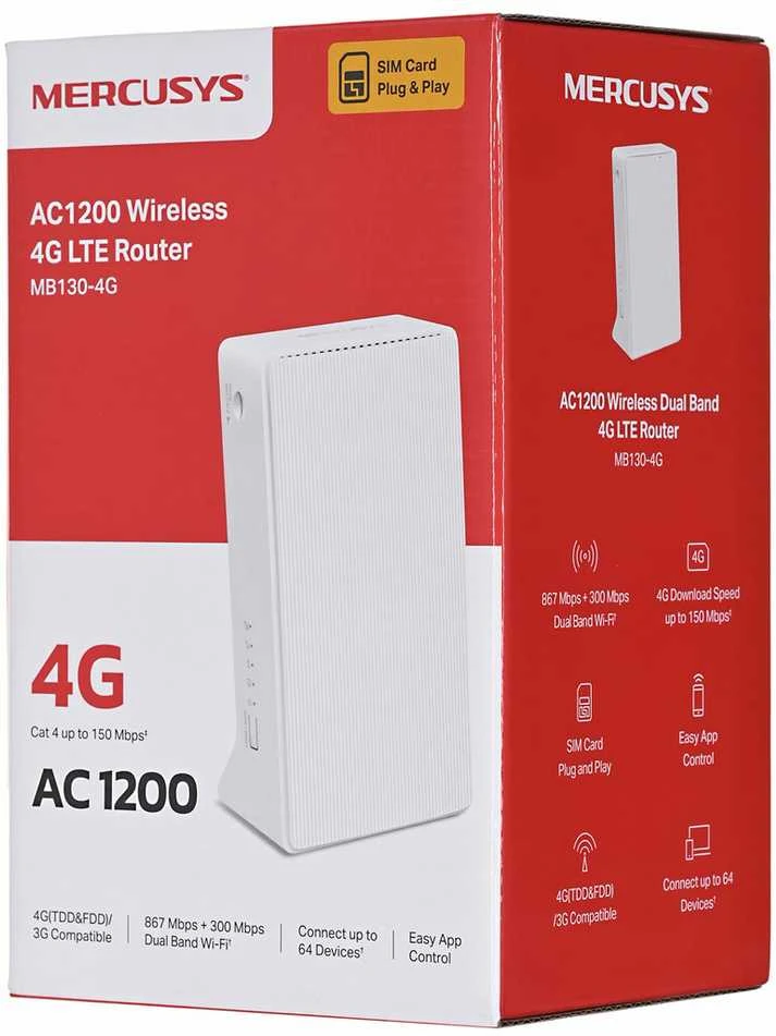 Mercusys | AC1200 Wi-Fi 4G LTE Maršrutizatorius | MB130-4G | 802.11ac | 10/100 Mbit/s | Ethernet LAN (RJ-45) jungtys 2 | Palaikomas tinklelis: Ne | MU-MiMO: Ne | 4G | Antenos tipas: Išorinė