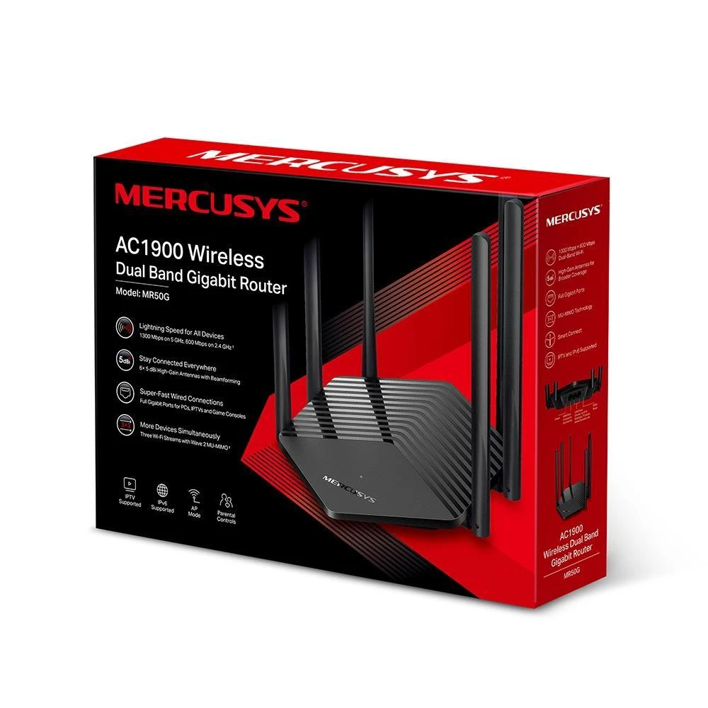 Mercusys | AC1900 belaidis dviejų juostų gigabitų procesorius | MR50G | 802.11ac | 600+1300 Mbit/s | 10/100/1000 Mbit/s | Ethernet LAN (RJ-45) jungle 2 | Tinklelio atramos Nr. | MU-MiMO Taip | Nėra mobiliojo plačiajuosčio ryšio | Antenos tipas 6xFiksuotas | Kada