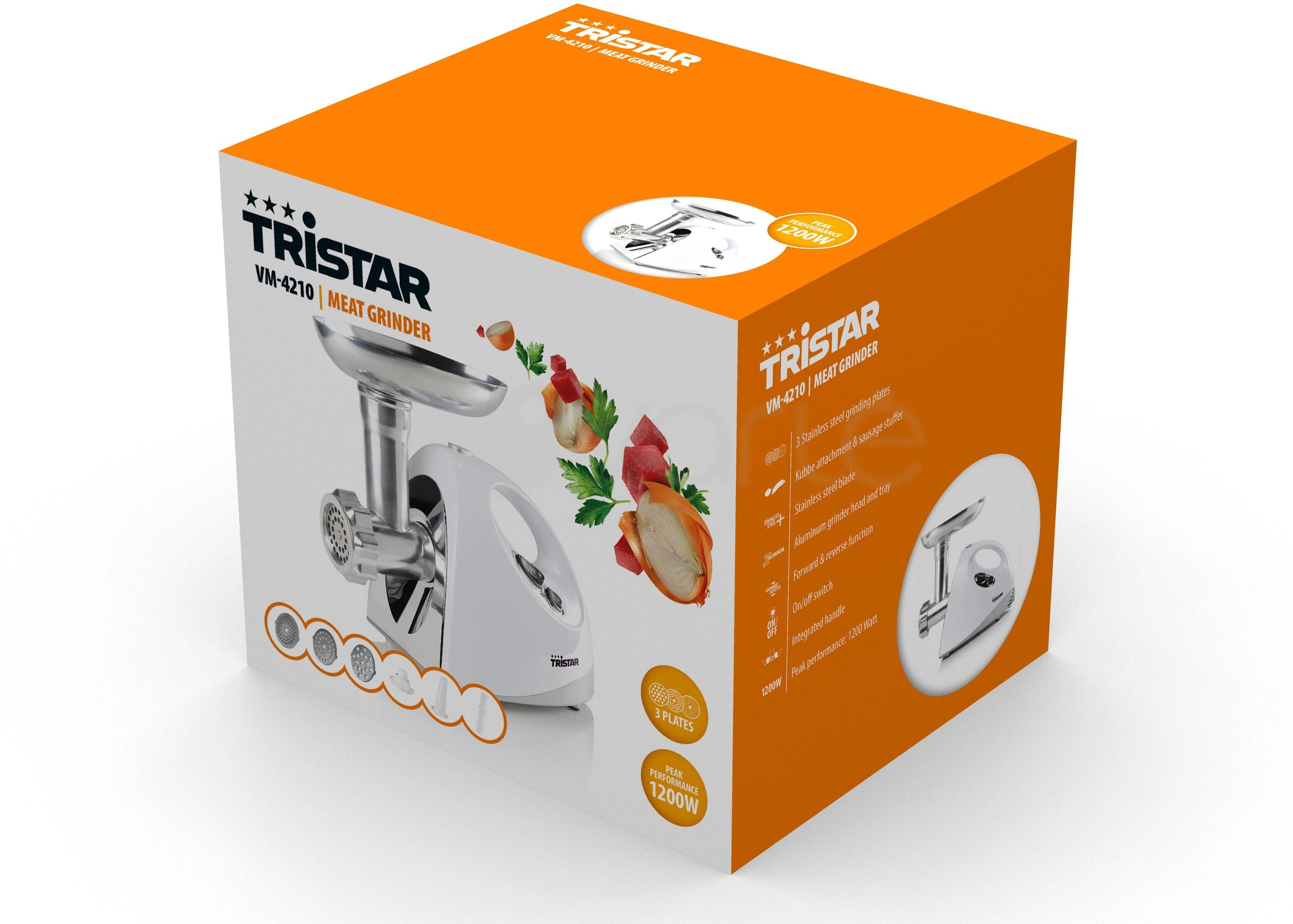 Mėsmalė Tristar | VM-4210 Meat Grinder | Baltas | 3 Nerūdijantis plienas grinding plates, Aluminum grinder head, Aluminum hopper tray, Sausage stuffer, Kubbe attachment, Sausage accessory, Nerūdijantis plienas blade