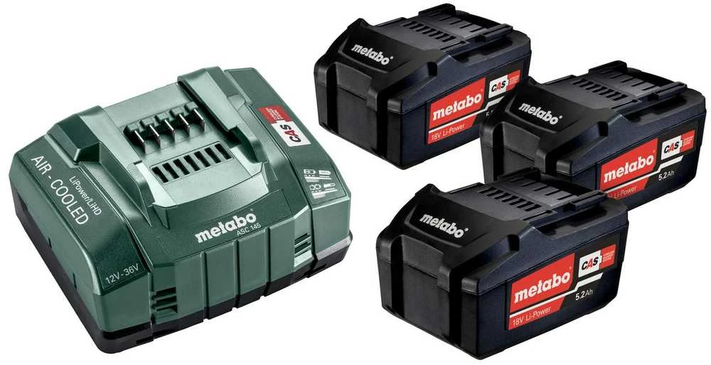 Akumuliatorius Metabo 18 V; 5,2 Ah; Li-ion; 3 vnt. + pakrovėjas Metabo ASC 30-36