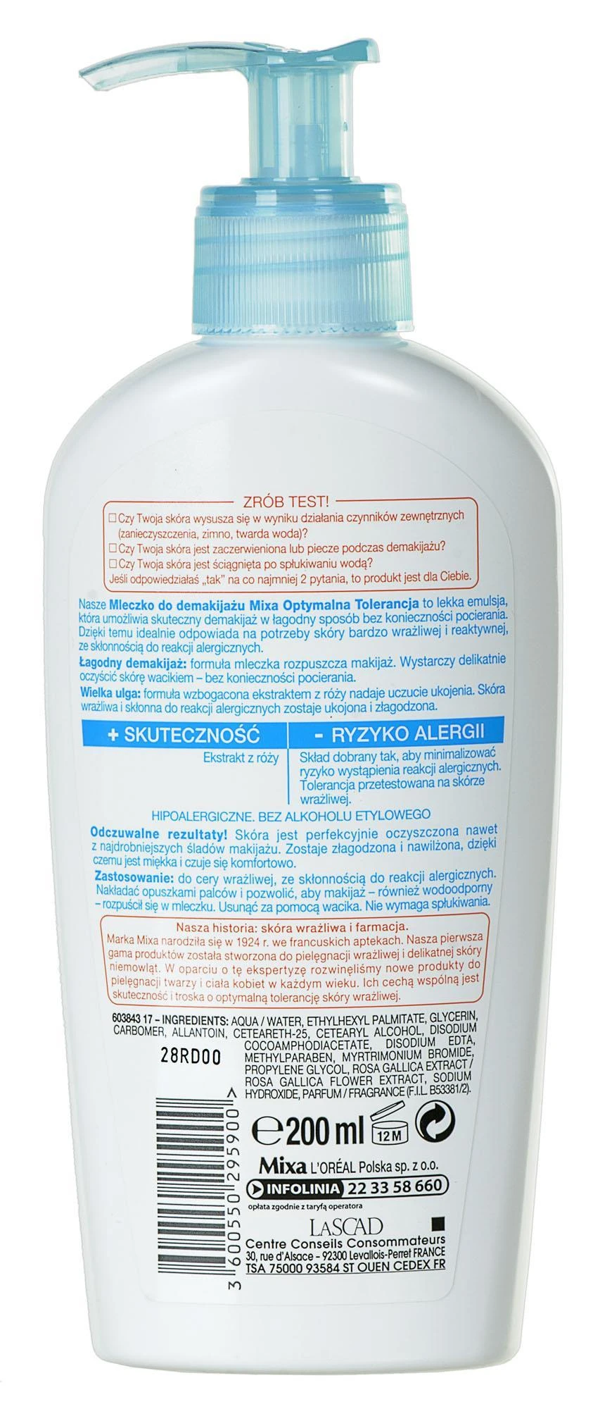 MIXA Optimal Tolerance valomasis micelinis pienelis jautriai odai, 200 ml