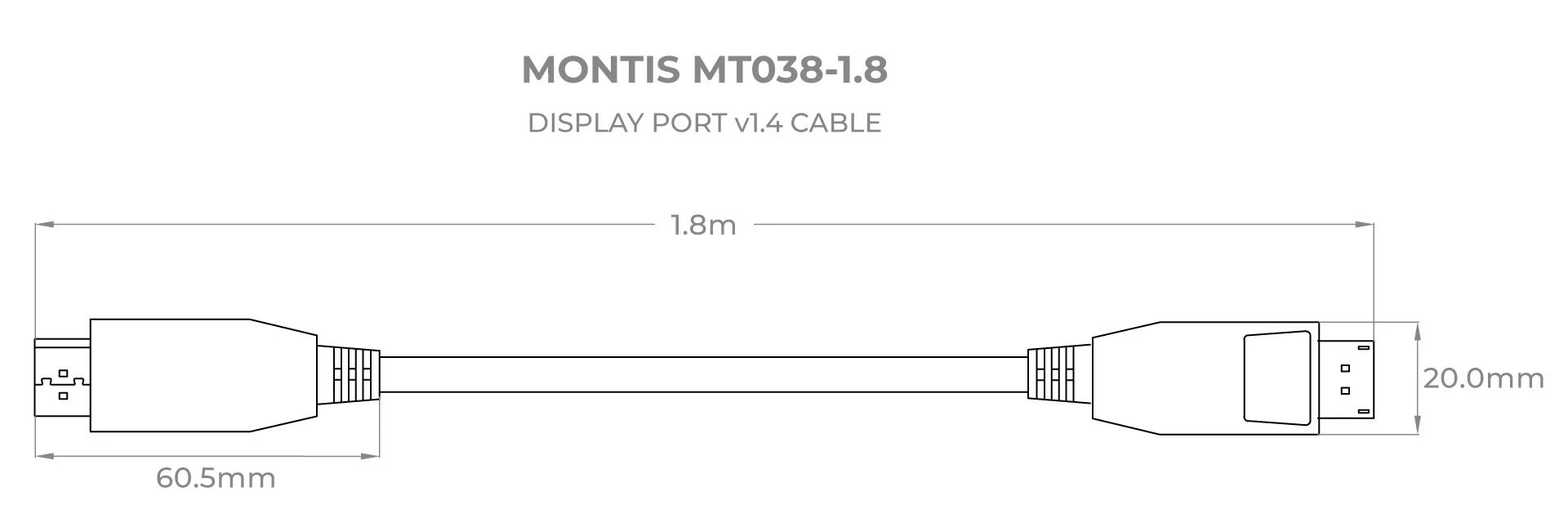 DisplayPort laido MT038 techninis brėžinys