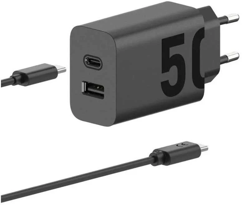 Įkroviklis Motorola TurboPower 50W dvigubas USB-C/USB-A su USB-C laidu 1m juodos spalvos