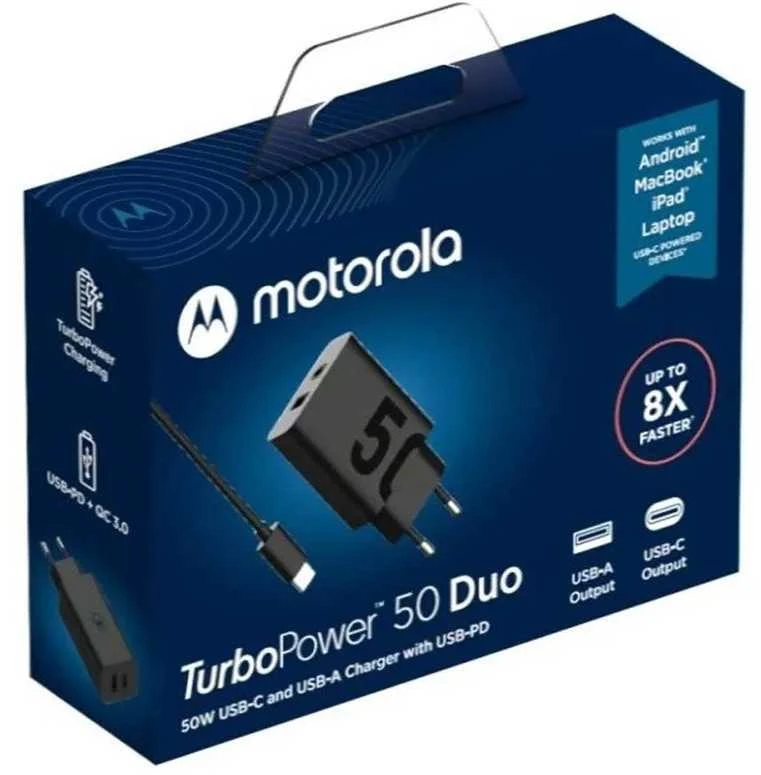 Įkroviklis Motorola TurboPower 50W dvigubas USB-C/USB-A su USB-C laidu 1m juodos spalvos