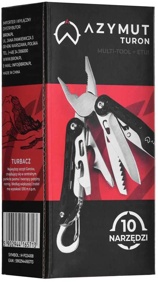 Daugiafunkcis įrankis AZYMUT Turon - 10 įrankių + karabinas + diržo maišelis (H-P224108)