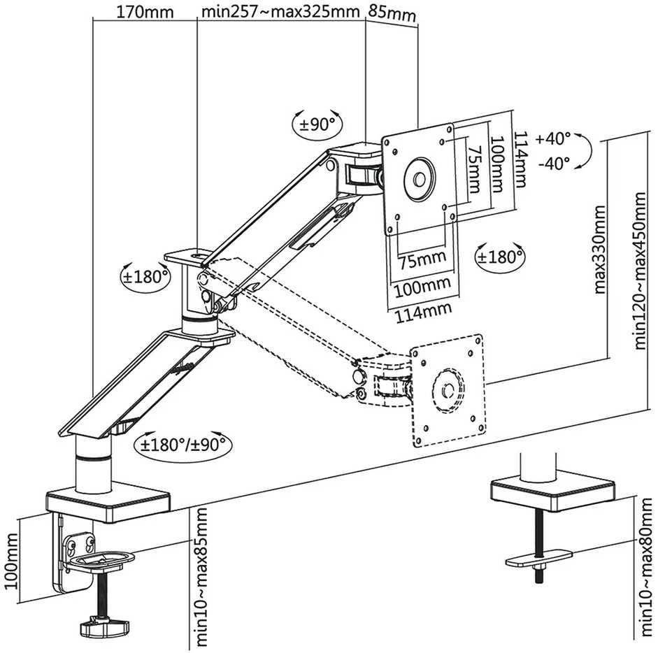 Uchwyt Laikiklis Žaidimų laikiklis „NanoRS“ LCD monitoriui, 17–32 colio, 8kg, VESA 75x75 ir 100x100, dviguba svirtis, RS162
