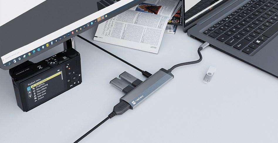 NATEC daugiaportinis „Fowler Slim“ USB-C šakotuvas, USB 3.0 x2, HDMI, 4K, USB-C PD