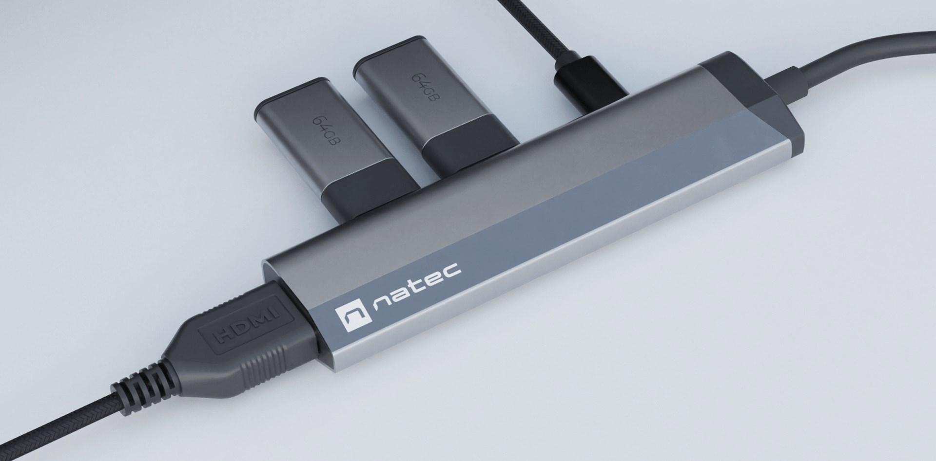 NATEC daugiaportinis „Fowler Slim“ USB-C šakotuvas, USB 3.0 x2, HDMI, 4K, USB-C PD