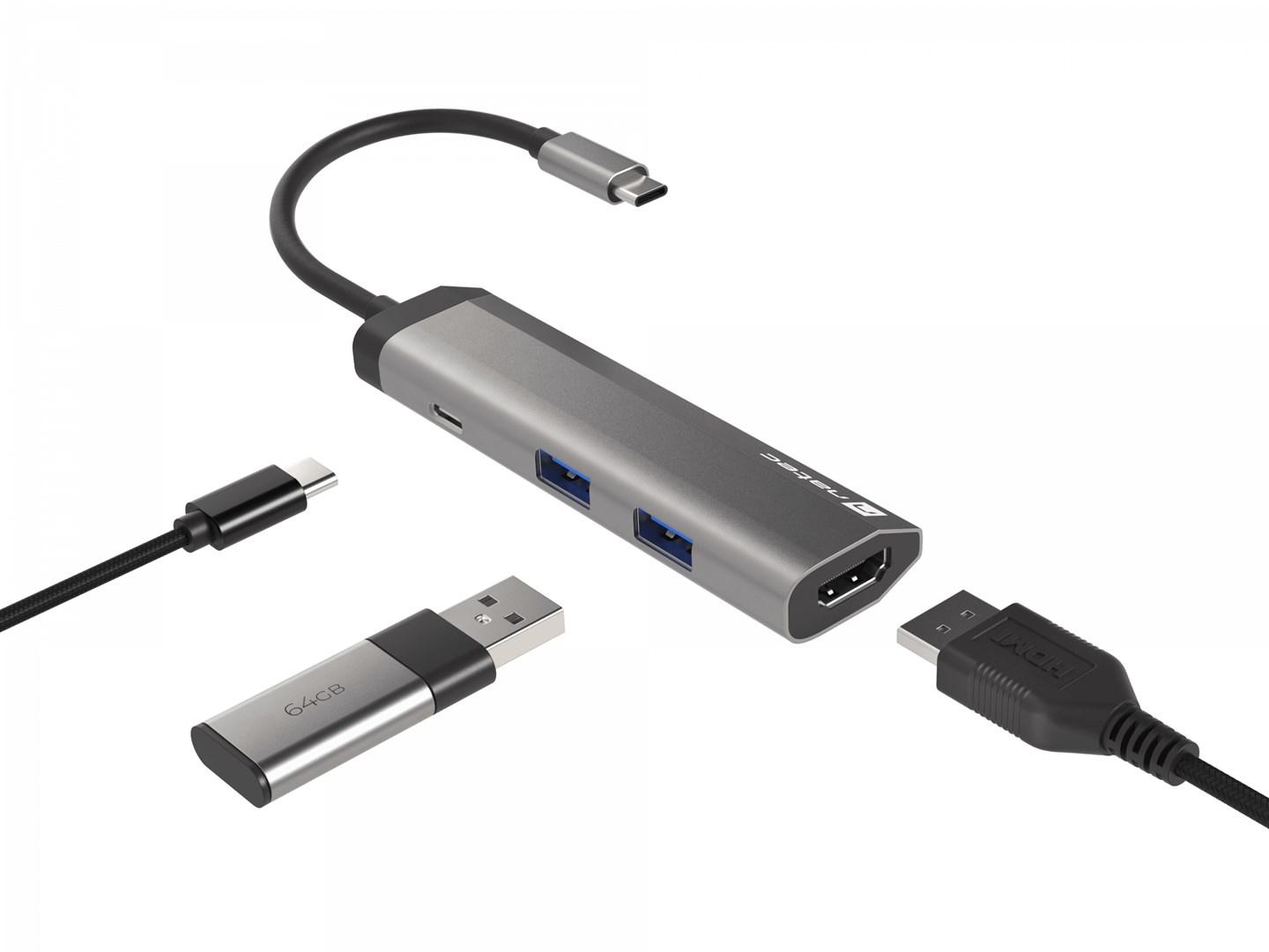NATEC daugiaportinis „Fowler Slim“ USB-C šakotuvas, USB 3.0 x2, HDMI, 4K, USB-C PD