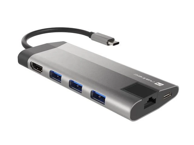 NATEC daugiaportinis „Fowler Plus“ USB-C šakotuvas, USB 3.0, 3x HDMI, 4K, USB-C, PD, RJ45, SD, Micro SD