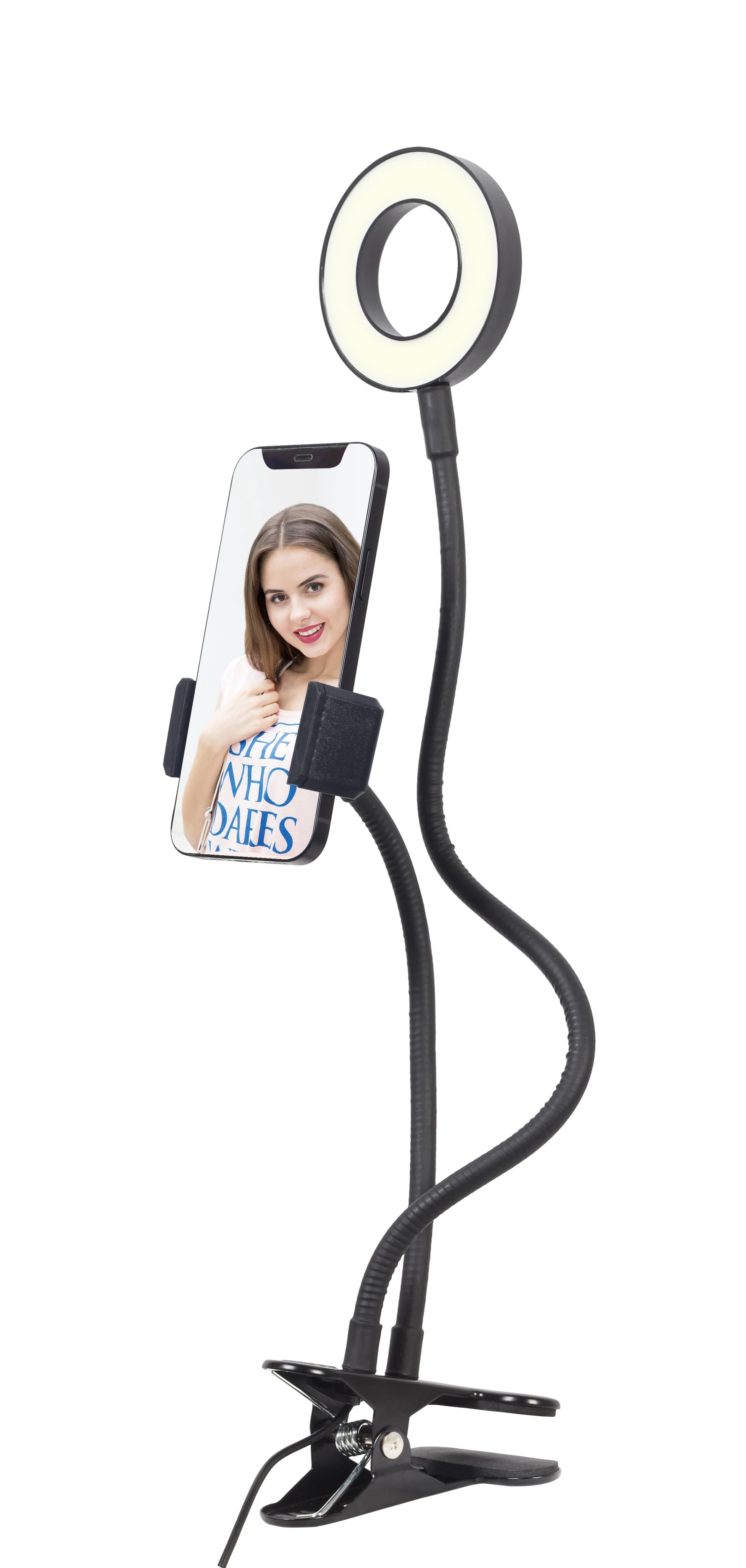 Gembird Selfie žiedo lemputė su telefono laikikliu | Gembird | Asmenukės žiedo lemputė su telefono laikikliu | LED-RING4-PH-01 | ABS + metalas | LED žiedo skersmuo: 3,5''. Lanksčios rankos telefono laikikliui ir asmenukių žiedui. Praktiški mygtukai, skirti keisti šviesos intensyvumą, spalvą (vėsus/šiltas) ir įjungimo/išjungimo jungiklį. Ryškumas: 10 nustatymų