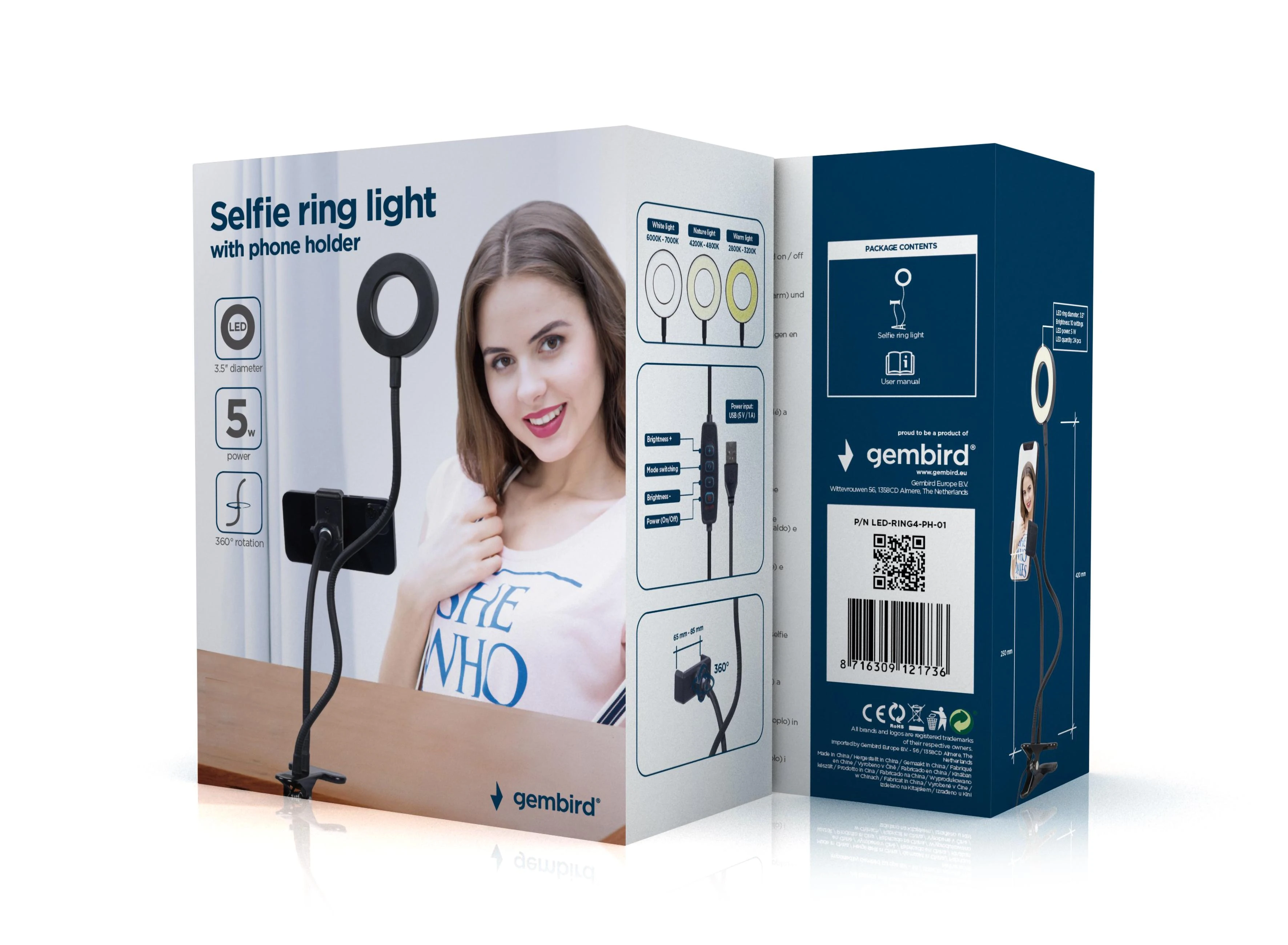 Gembird Selfie žiedo lemputė su telefono laikikliu | Gembird | Asmenukės žiedo lemputė su telefono laikikliu | LED-RING4-PH-01 | ABS + metalas | LED žiedo skersmuo: 3,5''. Lanksčios rankos telefono laikikliui ir asmenukių žiedui. Praktiški mygtukai, skirti keisti šviesos intensyvumą, spalvą (vėsus/šiltas) ir įjungimo/išjungimo jungiklį. Ryškumas: 10 nustatymų
