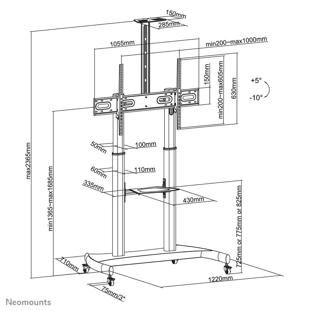 Laikiklis NeoMounts mobilus plokščiaekranis grindų stovas (aukštis: 128-160 cm), 60-100", c:Juodas