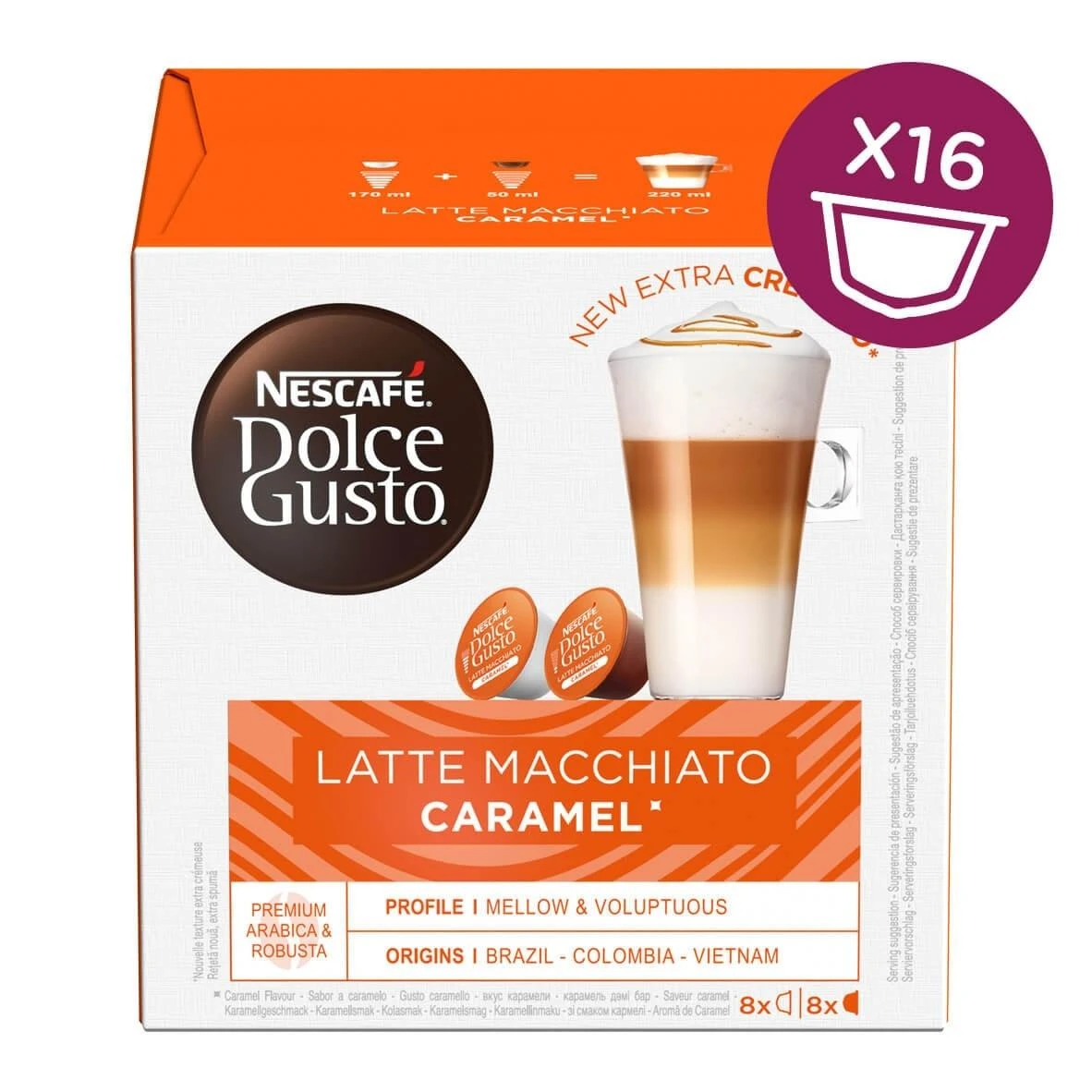 Nescafe Kavos kapsulės DOLCE GUSTO LATTE MACCHIATO CARAMEL, 8+8 vnt.