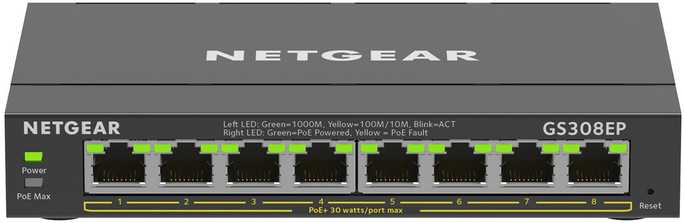 NETGEAR 8 prievadų „Gigabit Ethernet PoE+ Plus“ komutatorius (GS308EP), valdomas L2/L3 „Gigabit Ethernet“ (10/100/1000) „Power over Ethernet“ (PoE), juodas