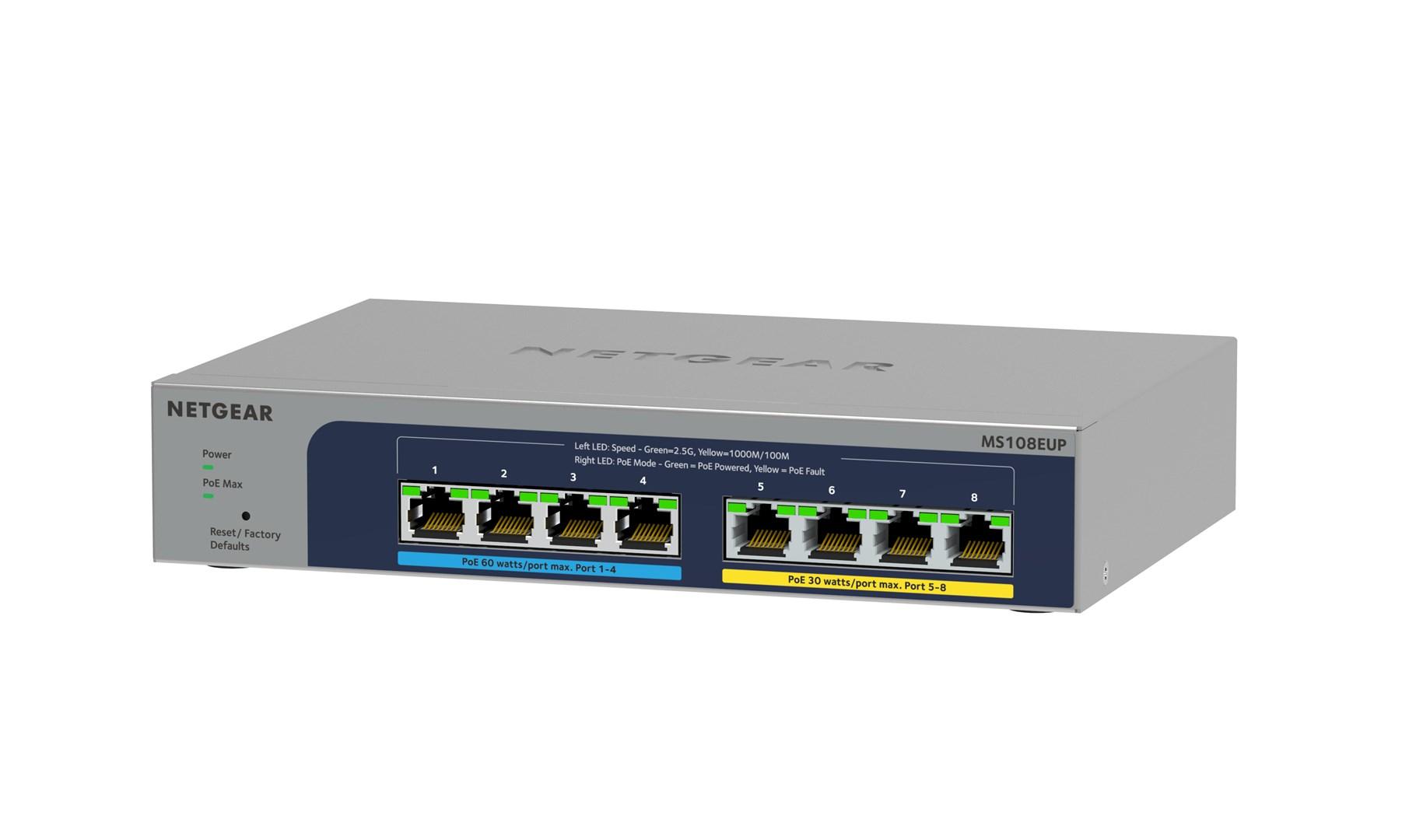 Šakotuvas NETGEAR MS108EUP Managed L2/L3 2.5G Ethernet (100/1000/2500) Power over Ethernet (PoE) Pilkas