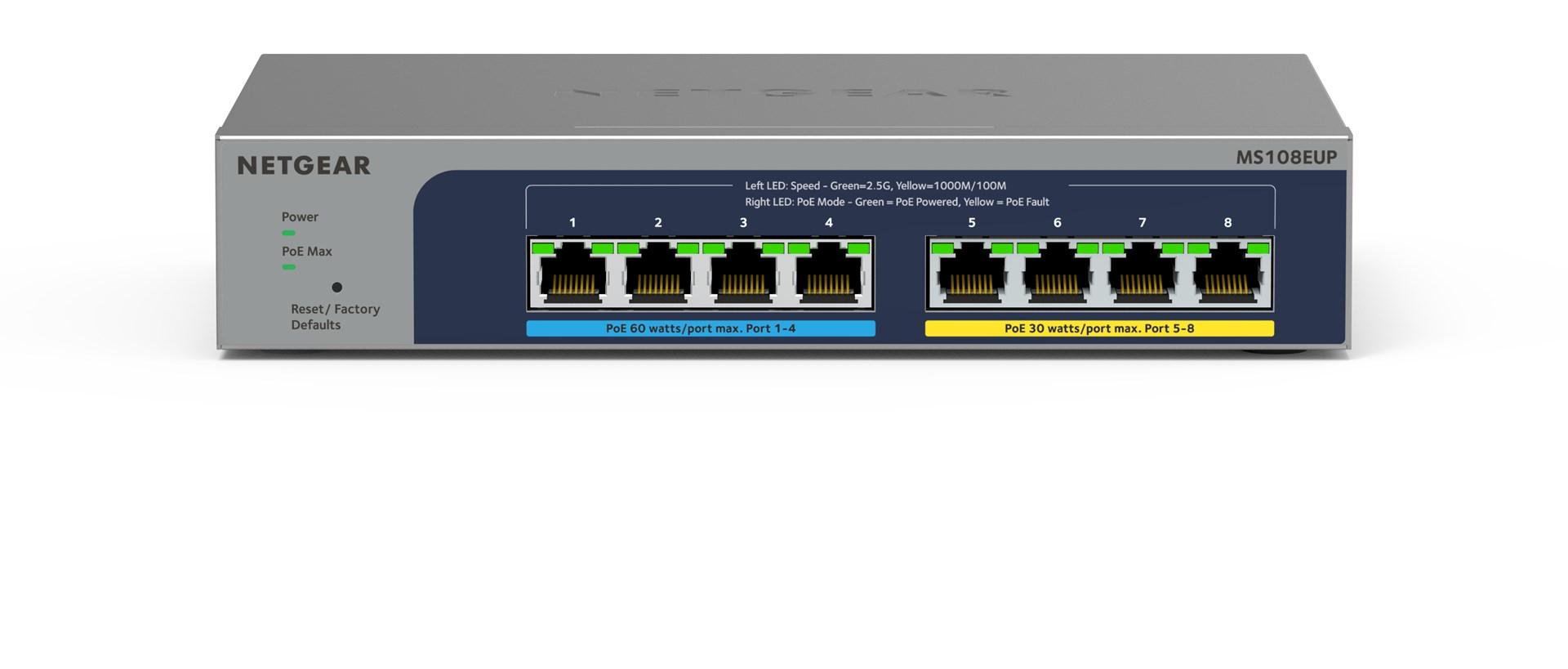 Šakotuvas NETGEAR MS108EUP Managed L2/L3 2.5G Ethernet (100/1000/2500) Power over Ethernet (PoE) Pilkas
