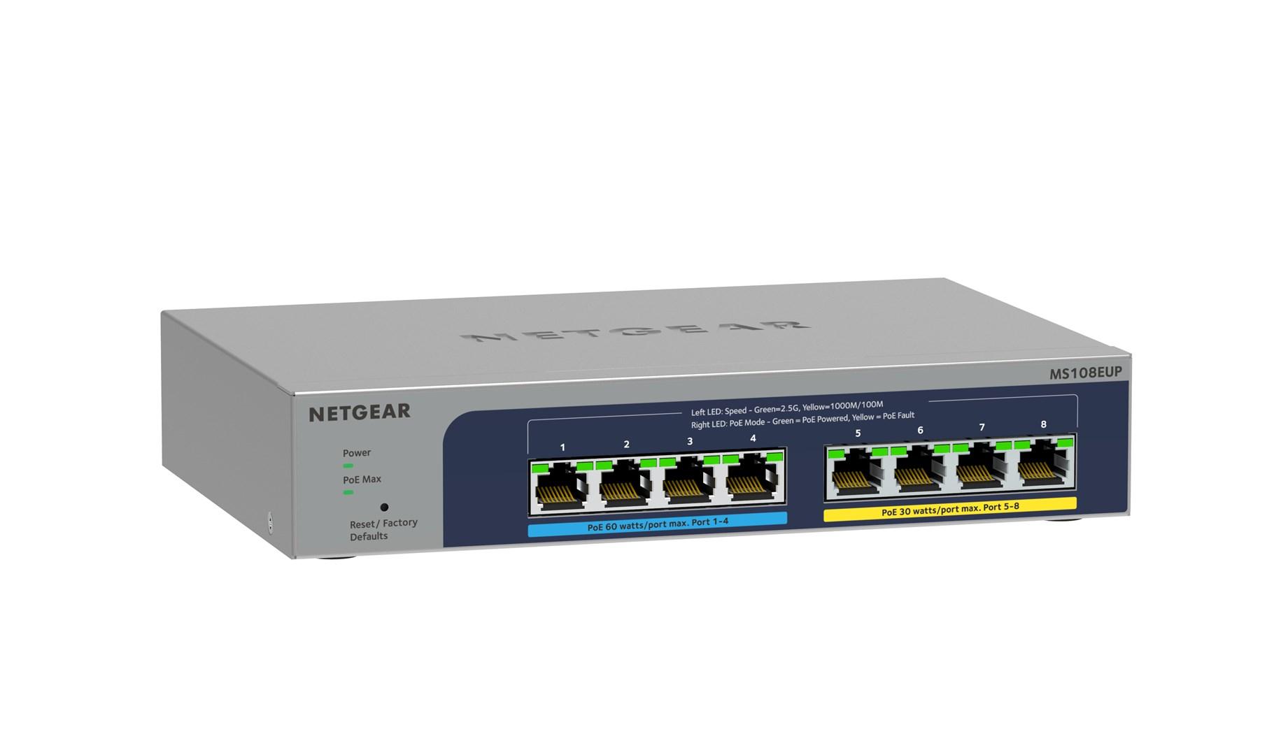 Šakotuvas NETGEAR MS108EUP Managed L2/L3 2.5G Ethernet (100/1000/2500) Power over Ethernet (PoE) Pilkas