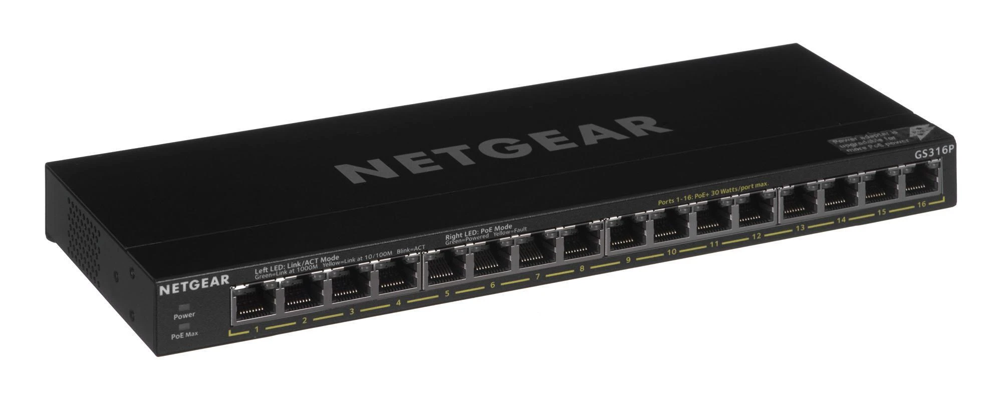 Šakotuvas Netgear GS316P Ne-valdomas Gigabit Ethernet (10/100/1000) Juoda Maitinimas per Eternetą (PoE)