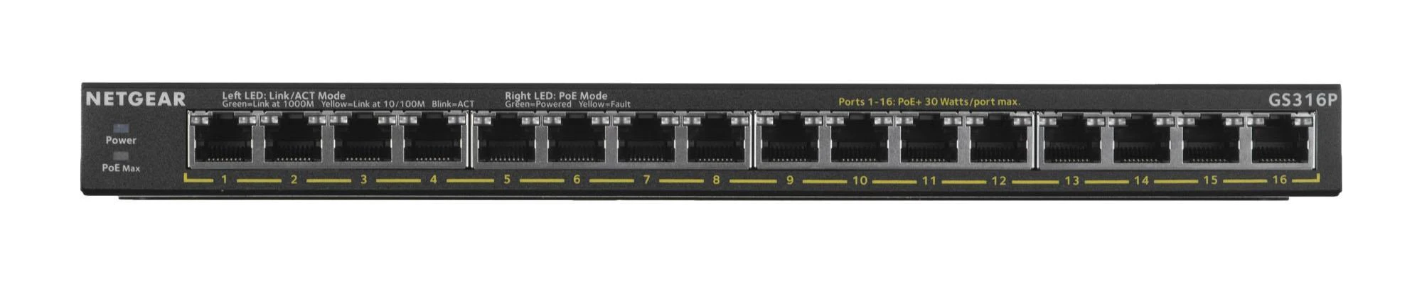 Šakotuvas Netgear GS316P Ne-valdomas Gigabit Ethernet (10/100/1000) Juoda Maitinimas per Eternetą (PoE)