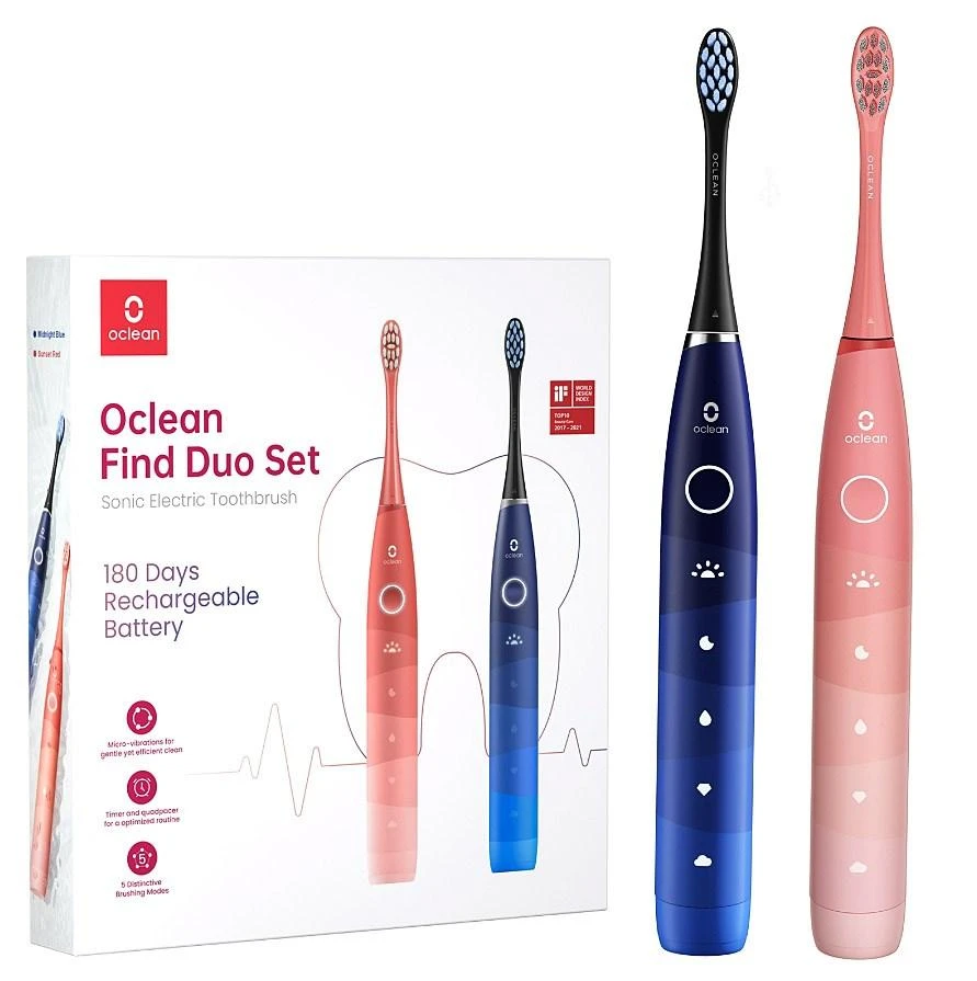 Dantų šepetėlis Oclean "Flow Find Duo Sonic" šepetėlių rinkinys raudona - mėlyna 2 vnt.