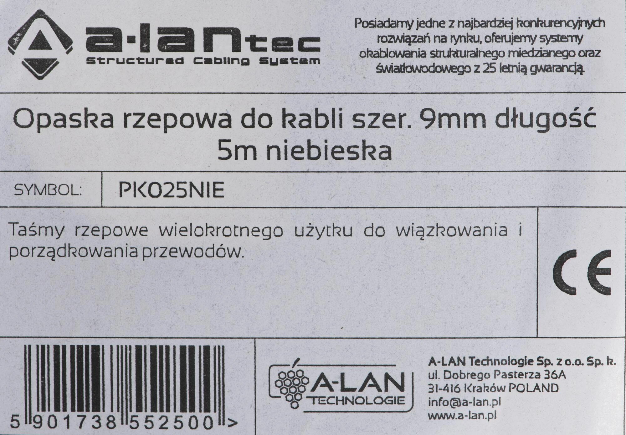 Velcro kaklaraištis sklypo kabeliams. 9mm ilgis 5m ALANTEC mill