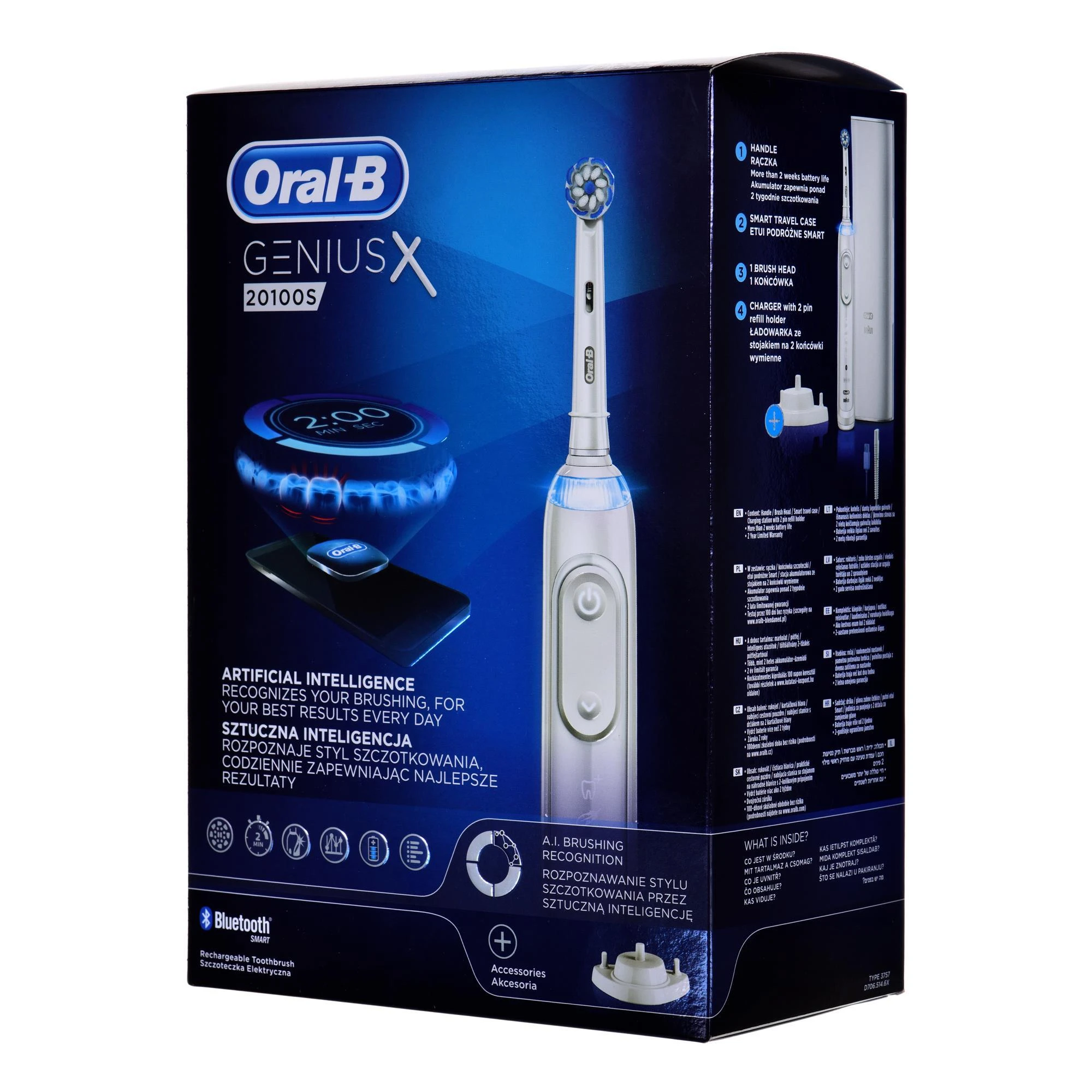 Oral-B Electric dantų šepetėlis Genius X 20100S Įkraunamas, Suaugusiems, Šepetėlių skaičius galvutės įeina 1, Number of teeth brushing modes 6, Sonic technology, Baltas