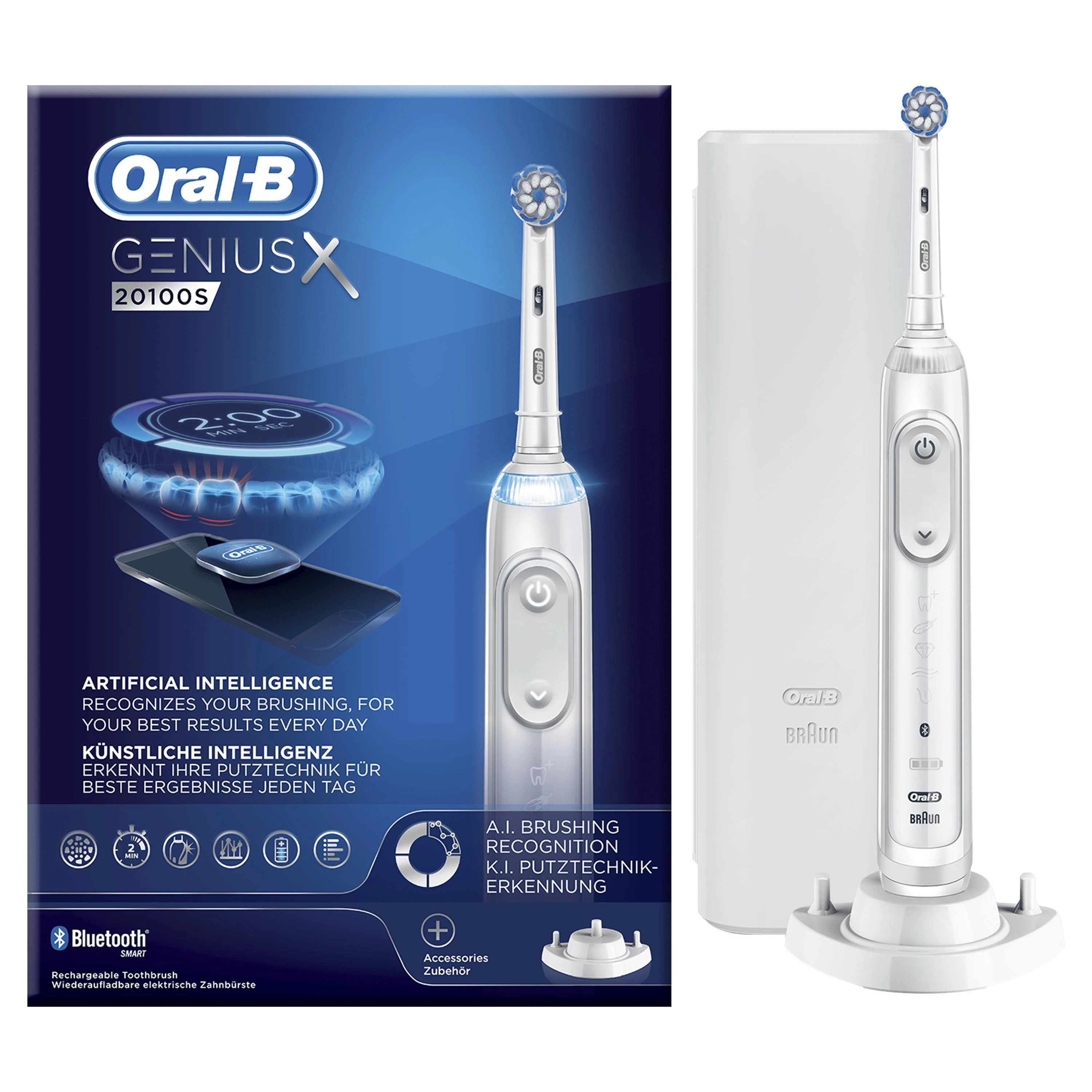 Oral-B Electric dantų šepetėlis Genius X 20100S Įkraunamas, Suaugusiems, Šepetėlių skaičius galvutės įeina 1, Number of teeth brushing modes 6, Sonic technology, Baltas