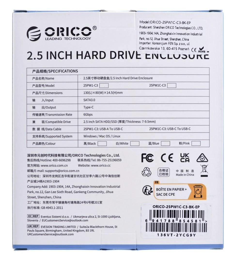 Orico 2.5 colio HDD / SSD korpusas 6 Gbps USB-C 3.1 Gen1 – juodas