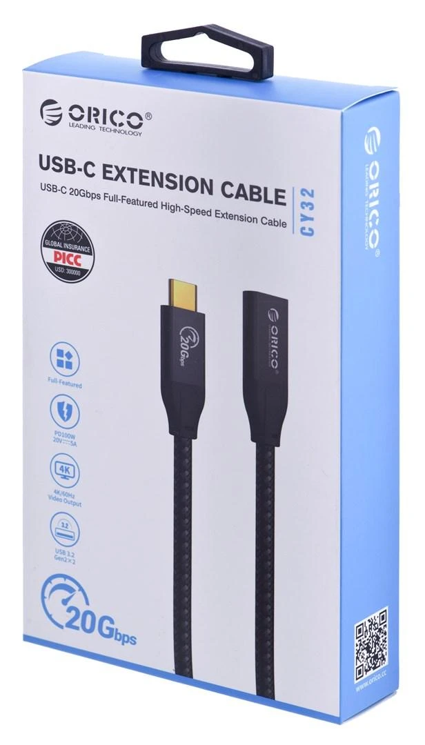 „Orico“ USB-C 3.2 prailginimo kabelis 20 Gbps, 4K, 100 W, 1 m