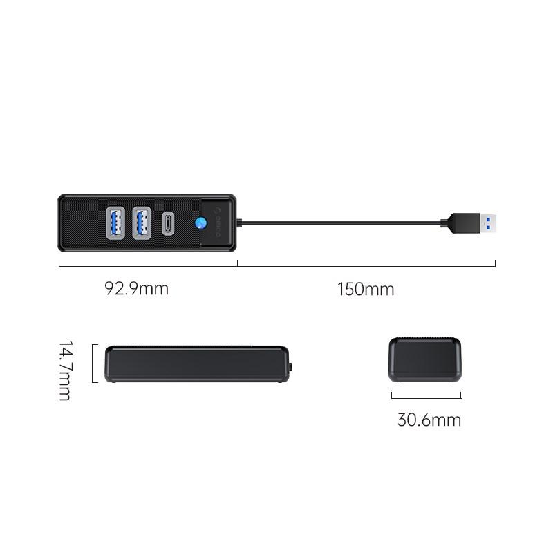 Orico Hub adapteris USB prie 2x USB 3.0 + USB-C, 5 Gbps, 0.15 m (juodas)