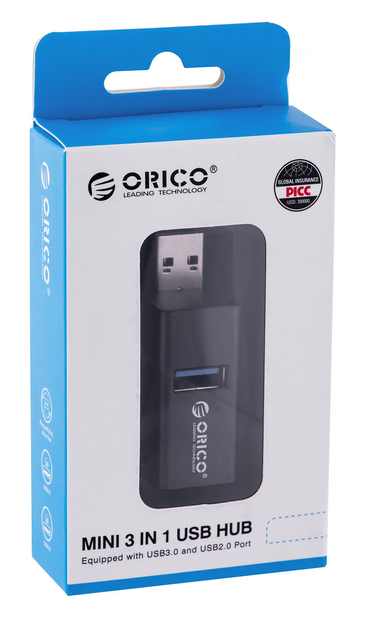 ORICO MINI HUB USB-A, 3x USB-A (2x2.0, 1x3.1), MINI-U32L-BK-BP