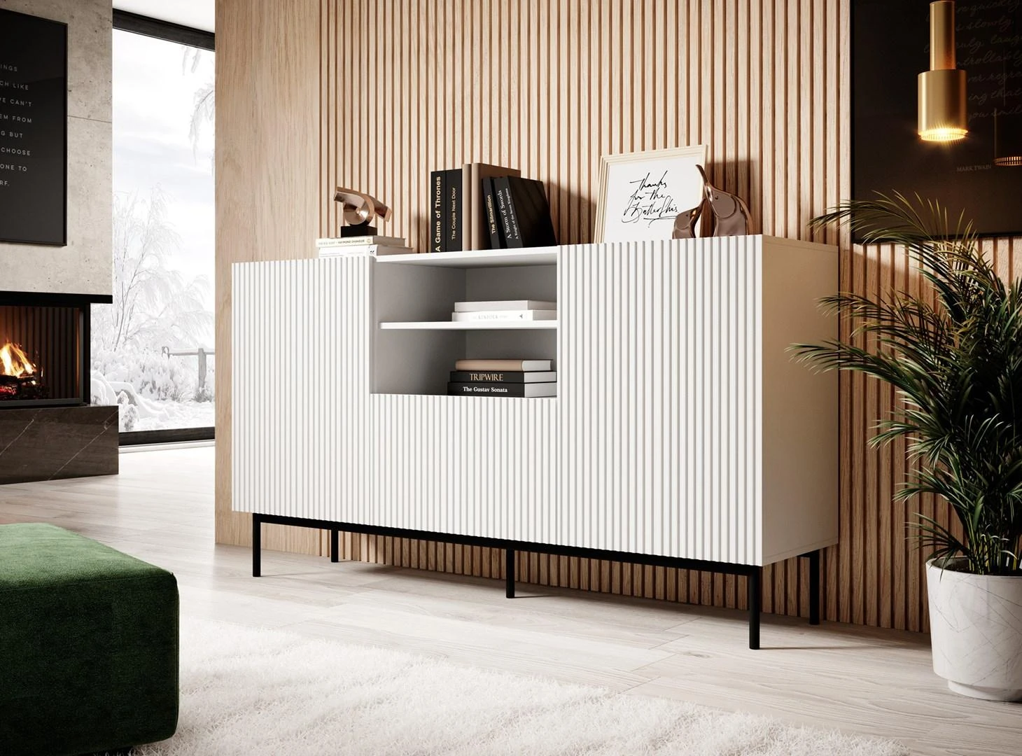 Cama Meble Baldų Komoda - Pafos Ant Juodo Plieno Rėmo 150x40x90 Cm Balta Matinė