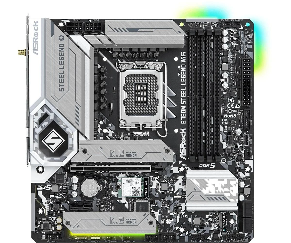 Pagrindinė plokštė ASROCK Intel B760 Express, LGA1700, Micro-ATX, Atmintis DDR5, Atminties lizdai 4, 1xPCI-Express 4.0 1x, 1xPCI-Express 5.0 16x, 4xM.2, 1xHDMI, 1xDisplayPort, 2xUSB, 2xUSB, 2x,3. 1xPS/2, 1xRJ45, 3xgarso prievadas, B760MSTEELLEGENDWIFI