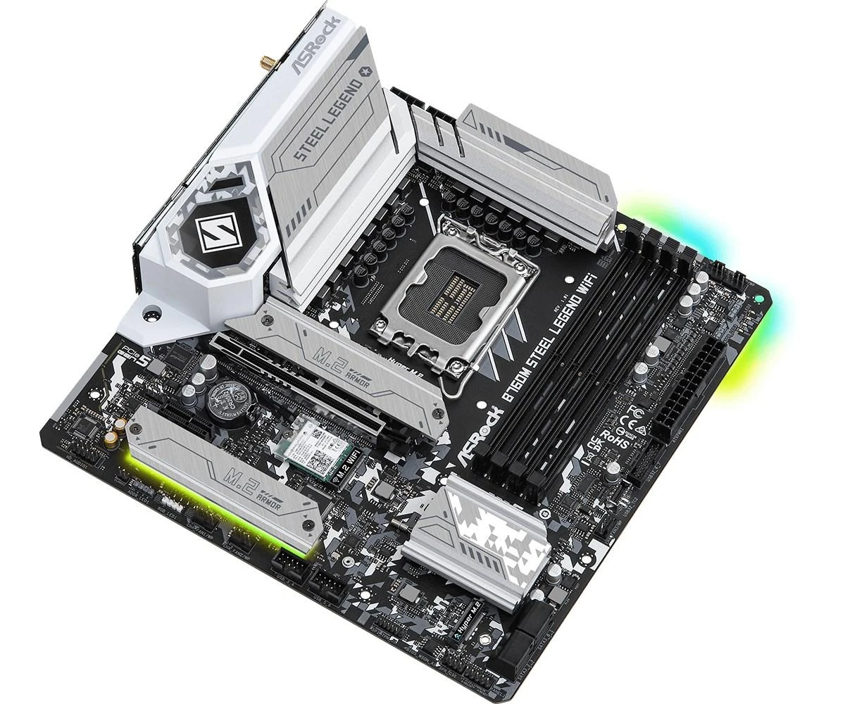 Pagrindinė plokštė ASROCK Intel B760 Express, LGA1700, Micro-ATX, Atmintis DDR5, Atminties lizdai 4, 1xPCI-Express 4.0 1x, 1xPCI-Express 5.0 16x, 4xM.2, 1xHDMI, 1xDisplayPort, 2xUSB, 2xUSB, 2x,3. 1xPS/2, 1xRJ45, 3xgarso prievadas, B760MSTEELLEGENDWIFI