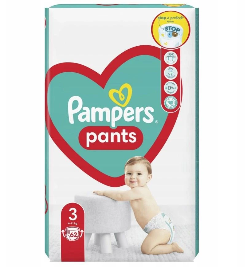Pampers Active Baby Pants Sauskelnės-Kelnaitės, 3 Dydis, 62 Sauskelnės