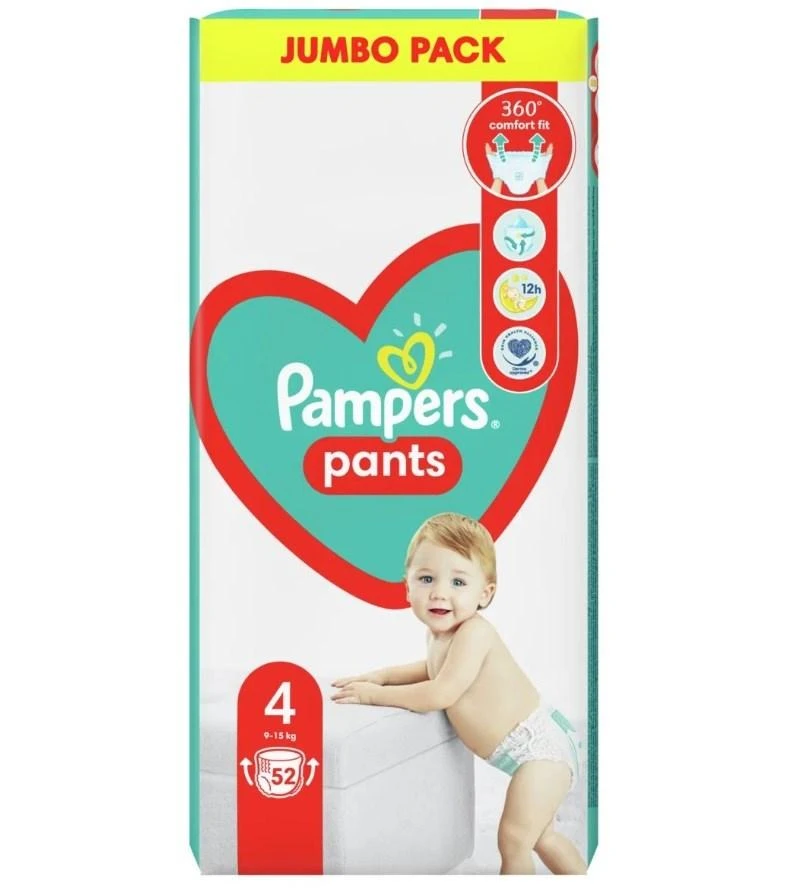 Pampers Pants Sauskelnės-Kelnaitės, 4 Dydis, 52 Sauskelnės, 9-15 kg