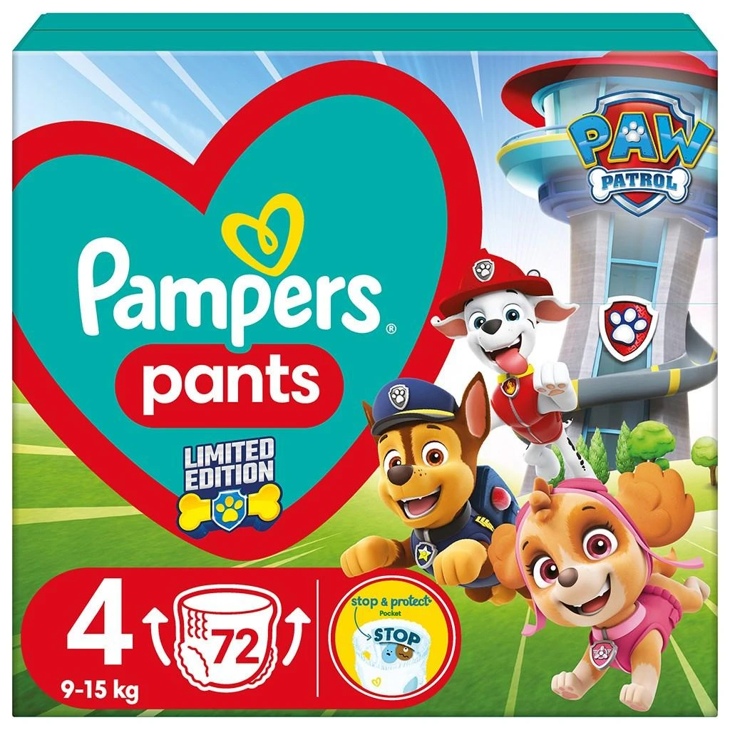 Pampers Active Baby Pants Sauskelnės-Kelnaitės - Šunyčių patrulių leidimo, 4 dydis, 9-15kg, 72 vnt. aprašymas - Prekės nuotrauka