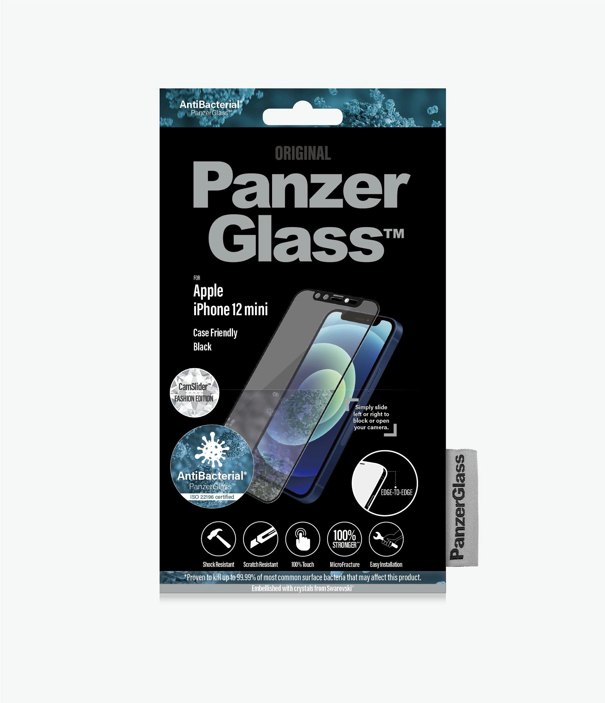 Panzer Glass PanzerGlass E2E mikrolūžių antibakterinis stiklas su Swarovsky Crystal fotoaparato dangteliu Apple iPhone 12 mini - su Juodas rėmeliu