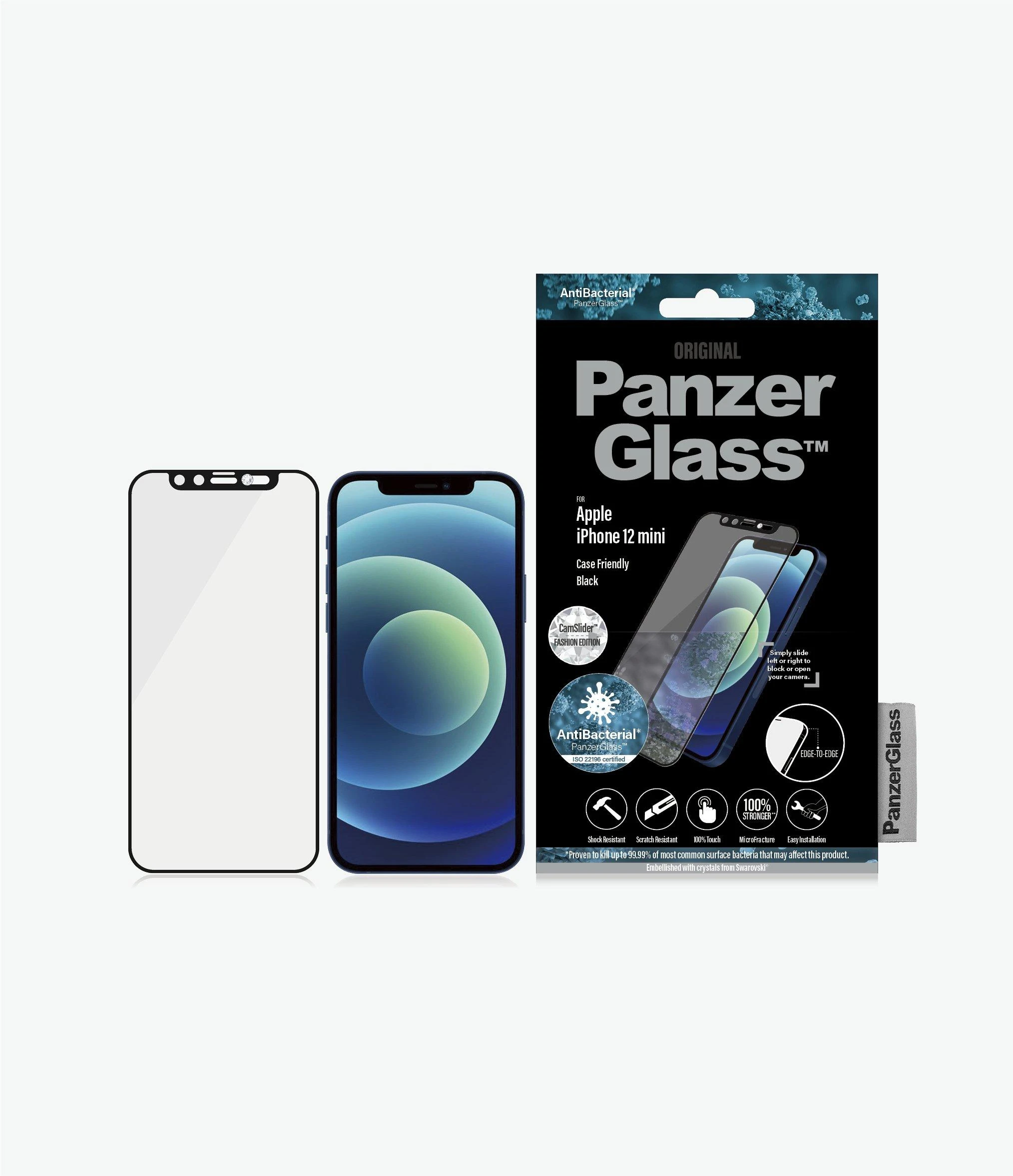 Panzer Glass PanzerGlass E2E mikrolūžių antibakterinis stiklas su Swarovsky Crystal fotoaparato dangteliu Apple iPhone 12 mini - su Juodas rėmeliu
