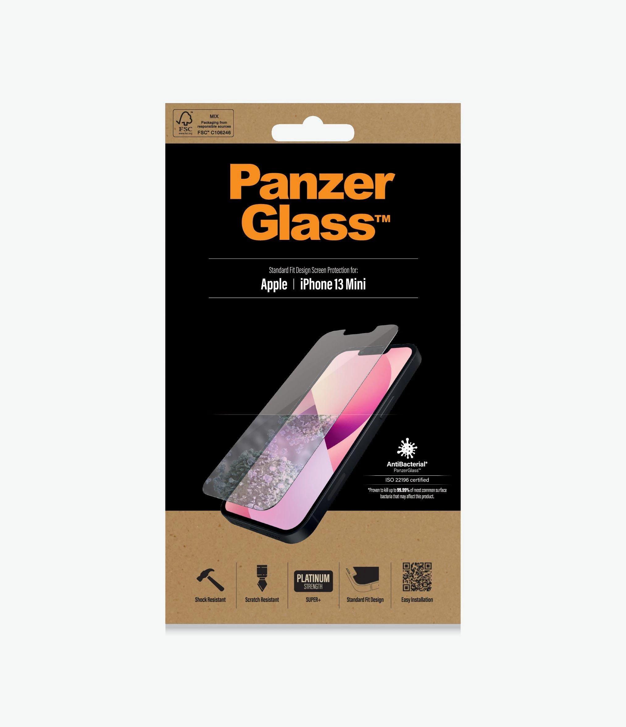 Panzer Glass PanzerGlass | Skaidri ekrano apsauga | Apple | iPhone 13 Mini | Grūdintas stiklas | Antibakterinis stiklas; Atsparus įbrėžimams ir bakterijoms; Amortizatorius; Lengva montuoti