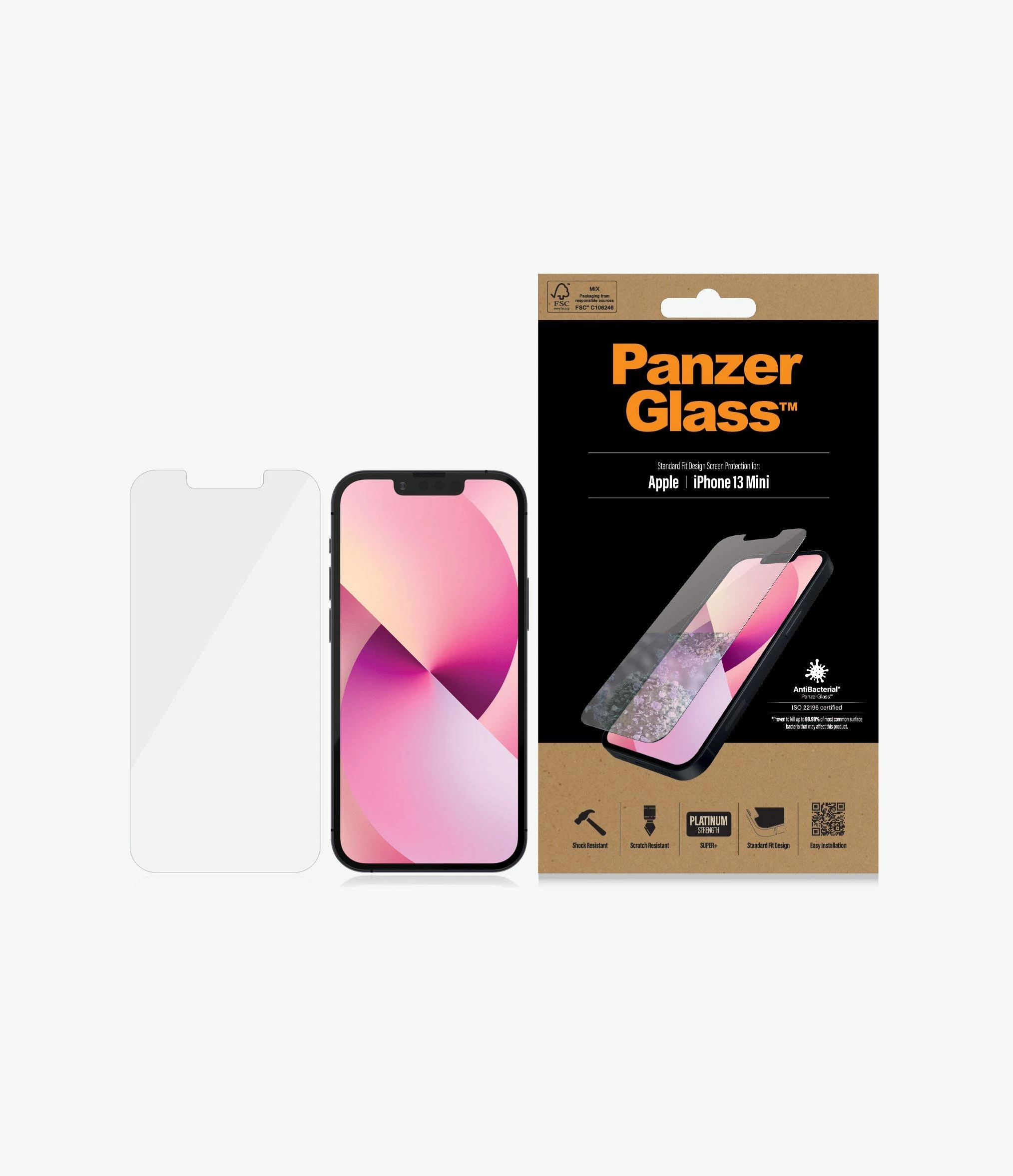 Panzer Glass PanzerGlass | Skaidri ekrano apsauga | Apple | iPhone 13 Mini | Grūdintas stiklas | Antibakterinis stiklas; Atsparus įbrėžimams ir bakterijoms; Amortizatorius; Lengva montuoti
