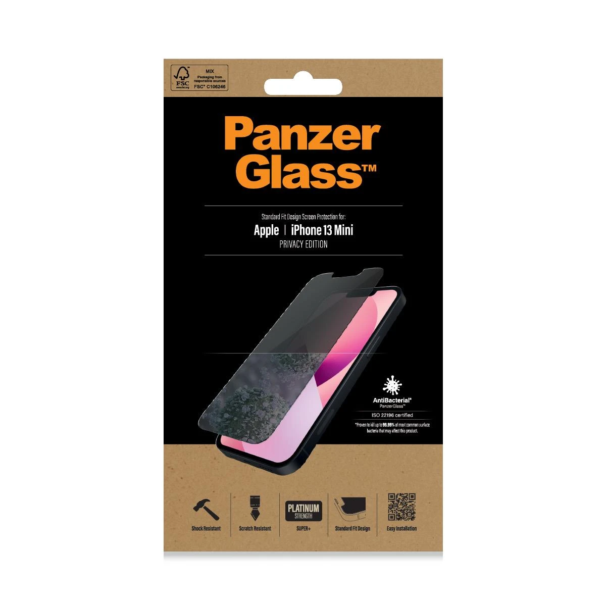 Panzer Glass PanzerGlass | Apple | iPhone 13 Mini | Grūdintas stiklas | Juodas | Švarus; Atsparus įbrėžimams ir bakterijoms; Amortizatorius; Lengva montuoti | Privatumo ekrano apsauga