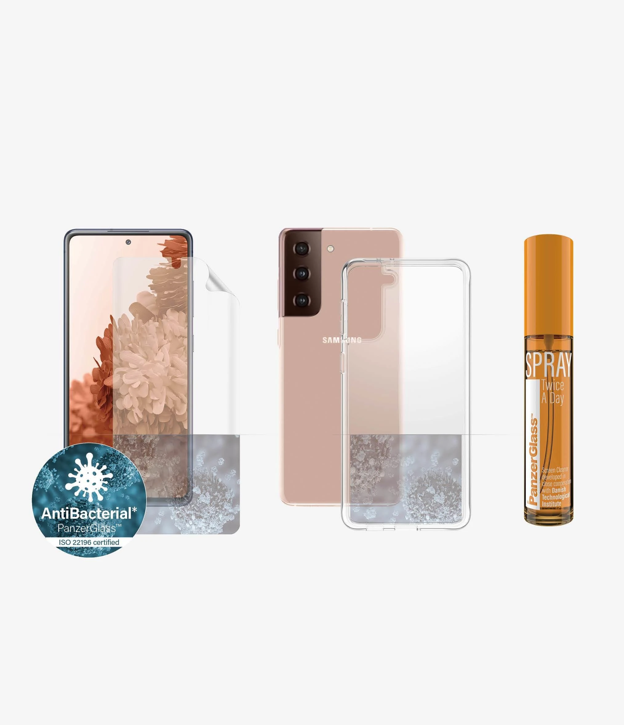 Panzer Glass PanzerGlass rinkinys Start Samsung S21+ekrano apsauga TPU, Dėklas ClearCase, Purškiklis 30ml