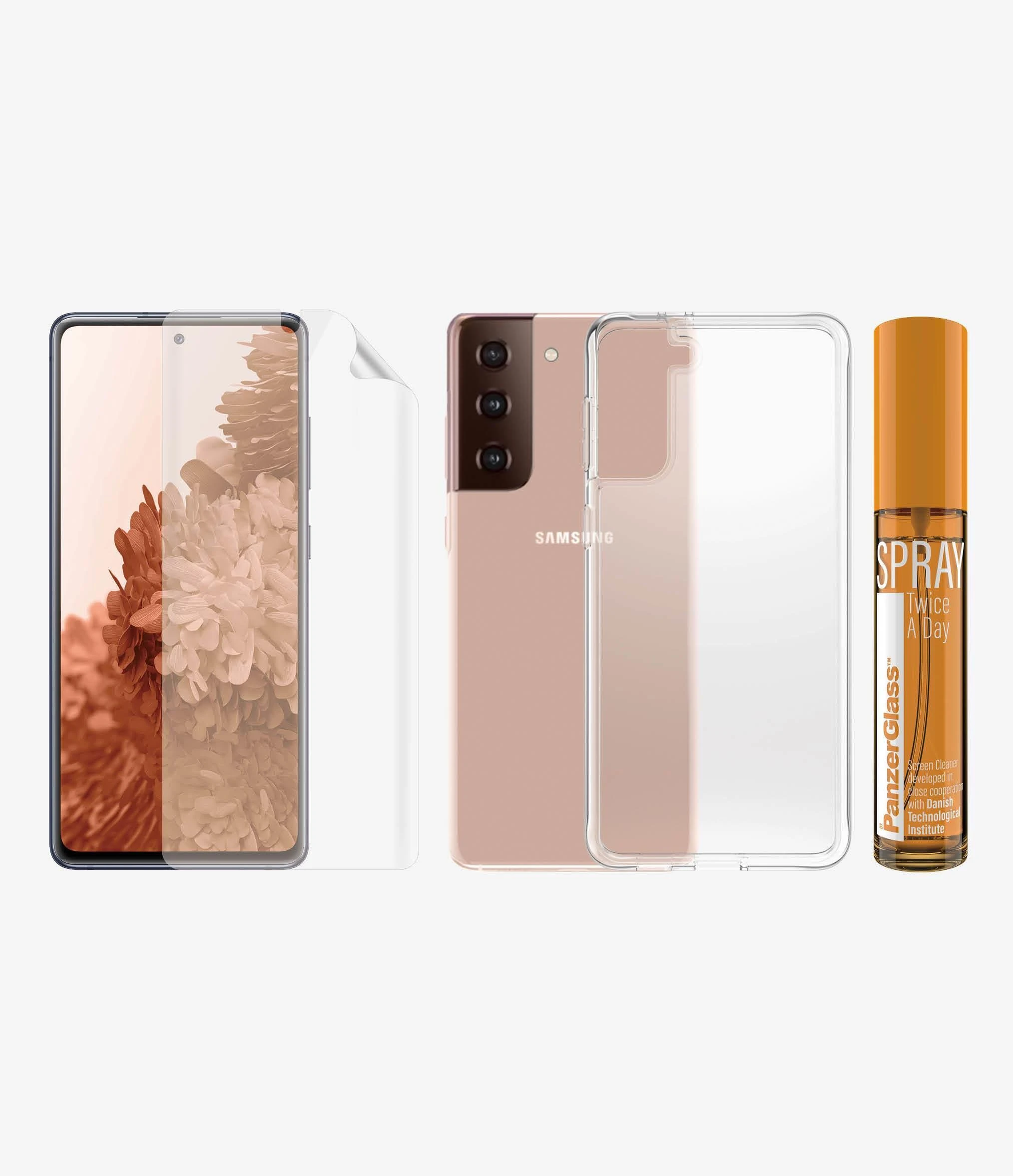 Panzer Glass PanzerGlass rinkinys Start Samsung S21+ekrano apsauga TPU, Dėklas ClearCase, Purškiklis 30ml